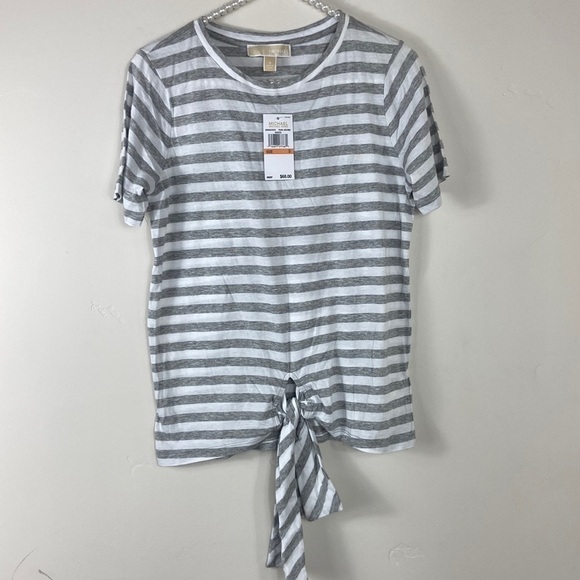 MICHAEL Michael Kors Tops - Michael Kors Gray White Stripe Tie Short Sleeve Tee Small NWT